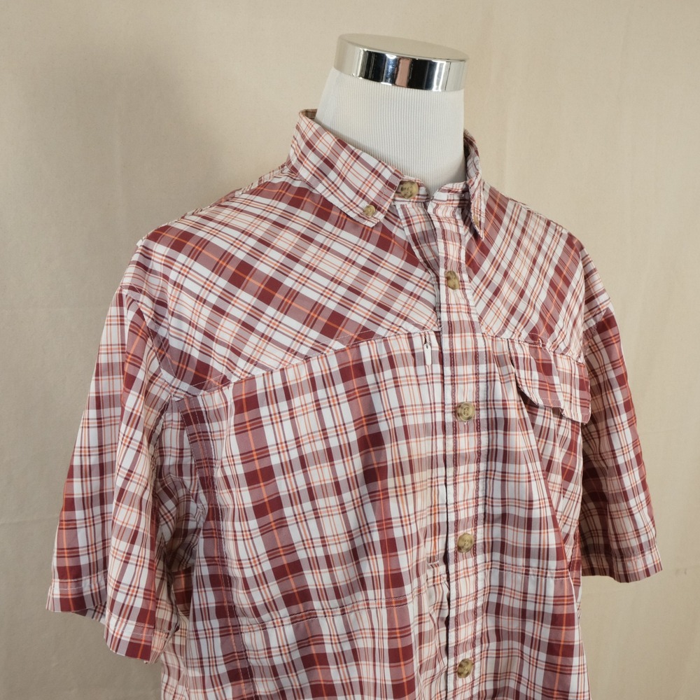 Duluth Trading Co XL Vented Work Shirt Red White Plaid Short Sleeve Poly Blend